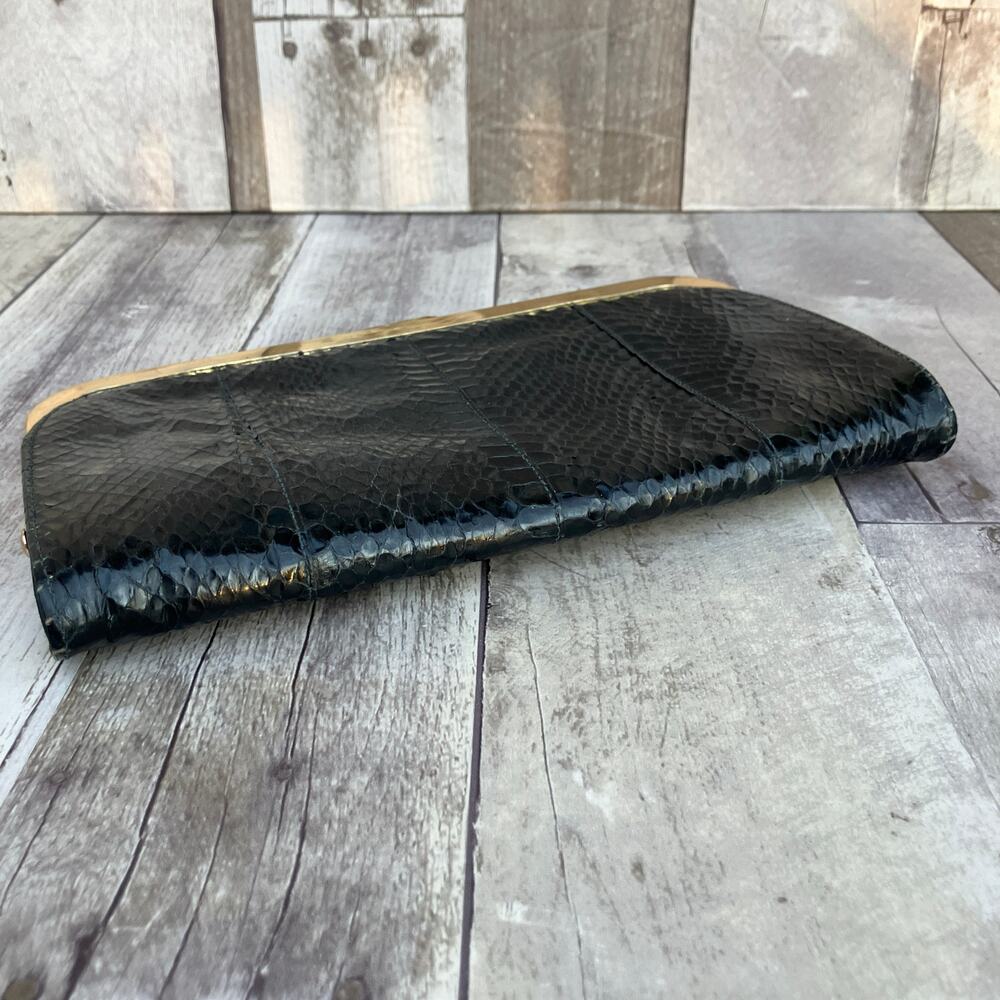 VTG Shirl Miller Purse Clutch Black Gold Framed Reptile Snake Glam Retro Boho - Picture 4 of 11